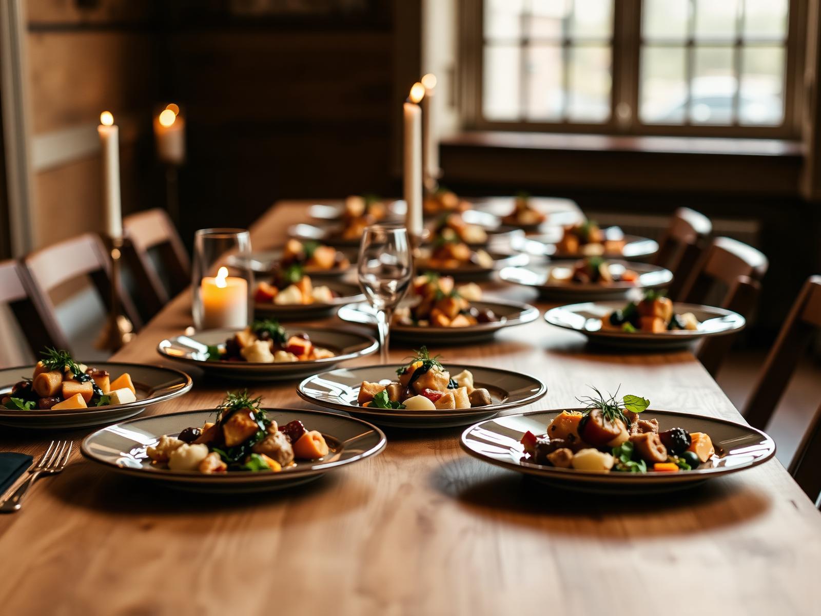 Dining table set with plated dishes and candlelight